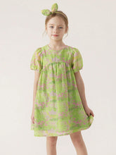 Young Girl's French Style Elegant Printed Bubble Sleeves Short Dress With Full Skirt (Includes Headband), Summer